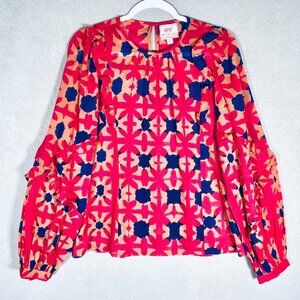 Banjanan Anthropologie Top Womens L Red Blue Cotton Blouse Quiet Luxury Chic